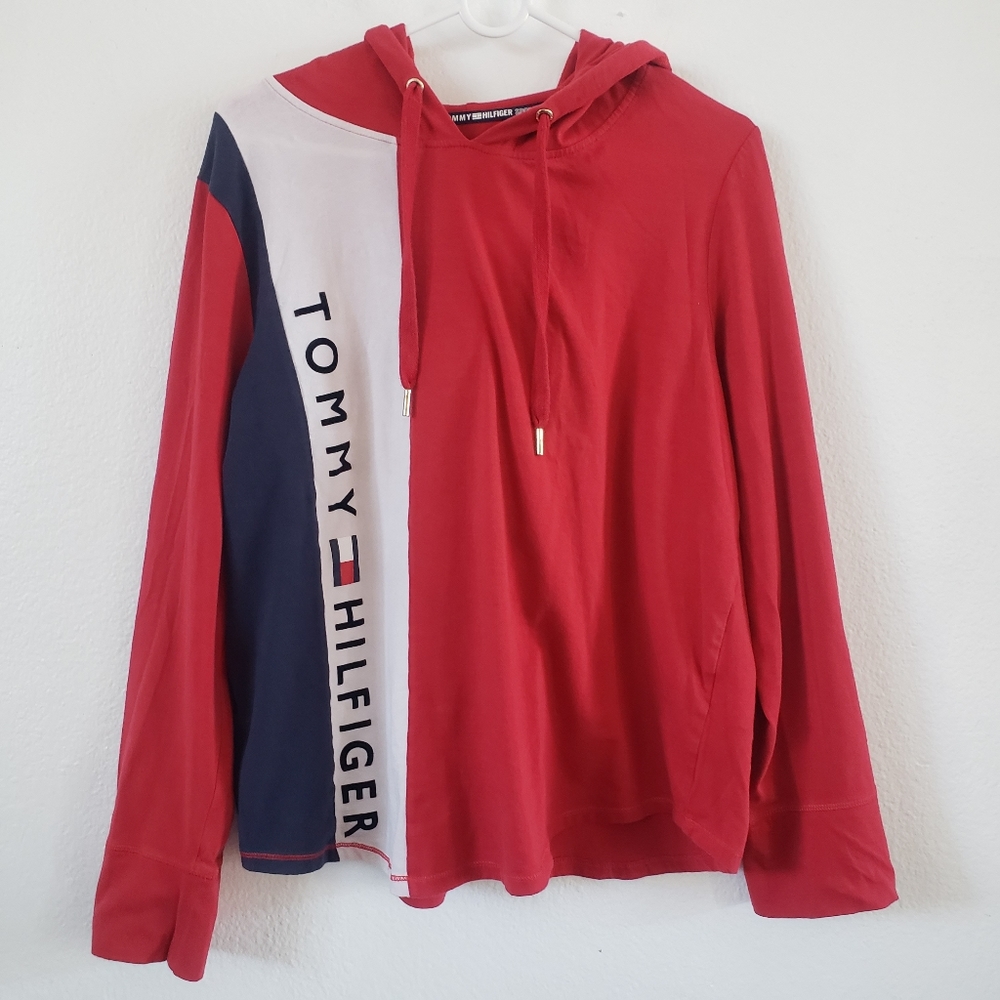 Tommy Hilfiger Womens Sport Colorblocked Graphic Hoodie Size XL Red Knit